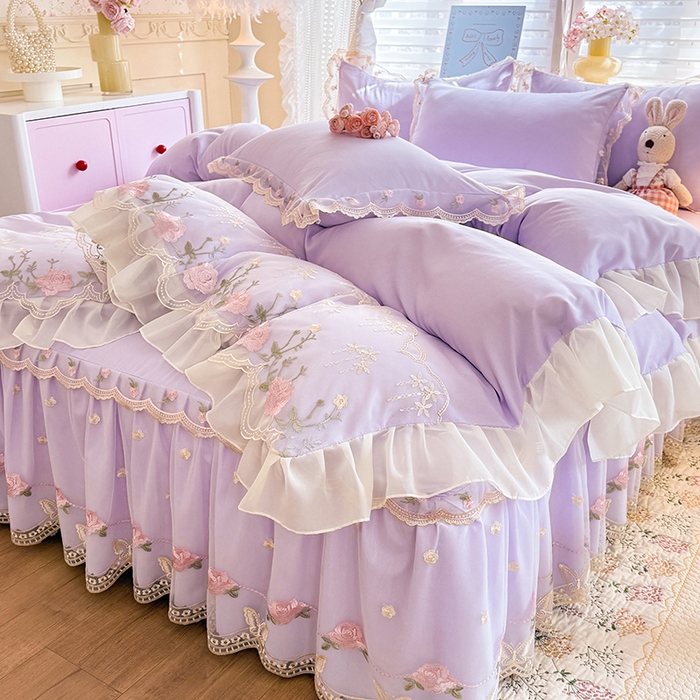 91家纺网 家纺一手货源 找家纺 苏米娜 2026春夏超柔水洗棉床裙款四件套-唯爱系列 唯爱-香芋紫