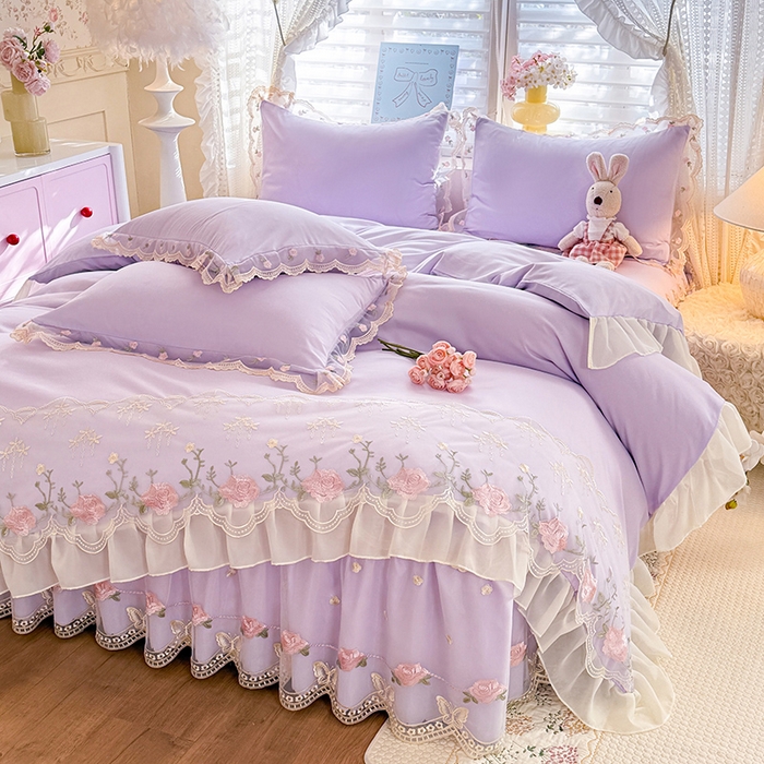 91家纺网 家纺一手货源 找家纺 苏米娜 2026春夏超柔水洗棉床裙款四件套-唯爱系列 唯爱-香芋紫