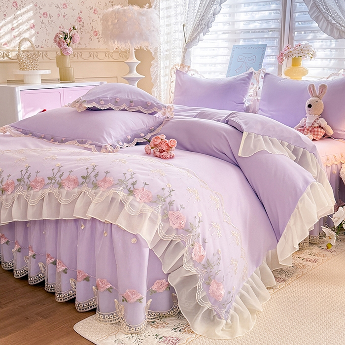 91家纺网 家纺一手货源 找家纺 苏米娜 2026春夏超柔水洗棉床裙款四件套-唯爱系列 唯爱-香芋紫