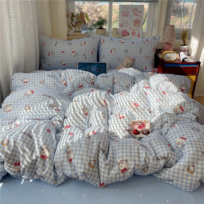 91家纺网 家纺一手货源 找家纺 桃子家居 2026新款A类三丽鸥正版授权卡通数码印花混搭纯棉印花系列四件套 棉三丽鸥-蓝格甜心kt