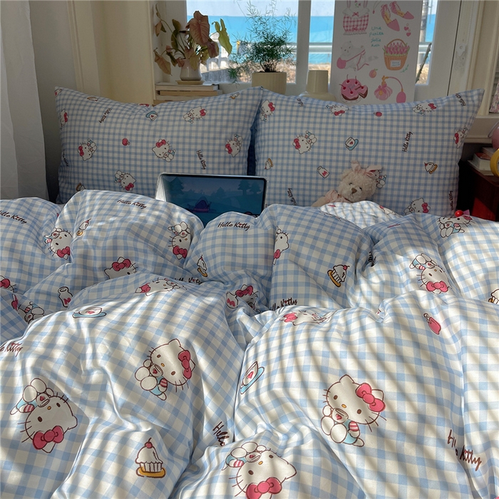 91家纺网 家纺一手货源 找家纺 桃子家居 2026新款A类三丽鸥正版授权卡通数码印花混搭纯棉印花系列四件套 棉三丽鸥-蓝格甜心kt