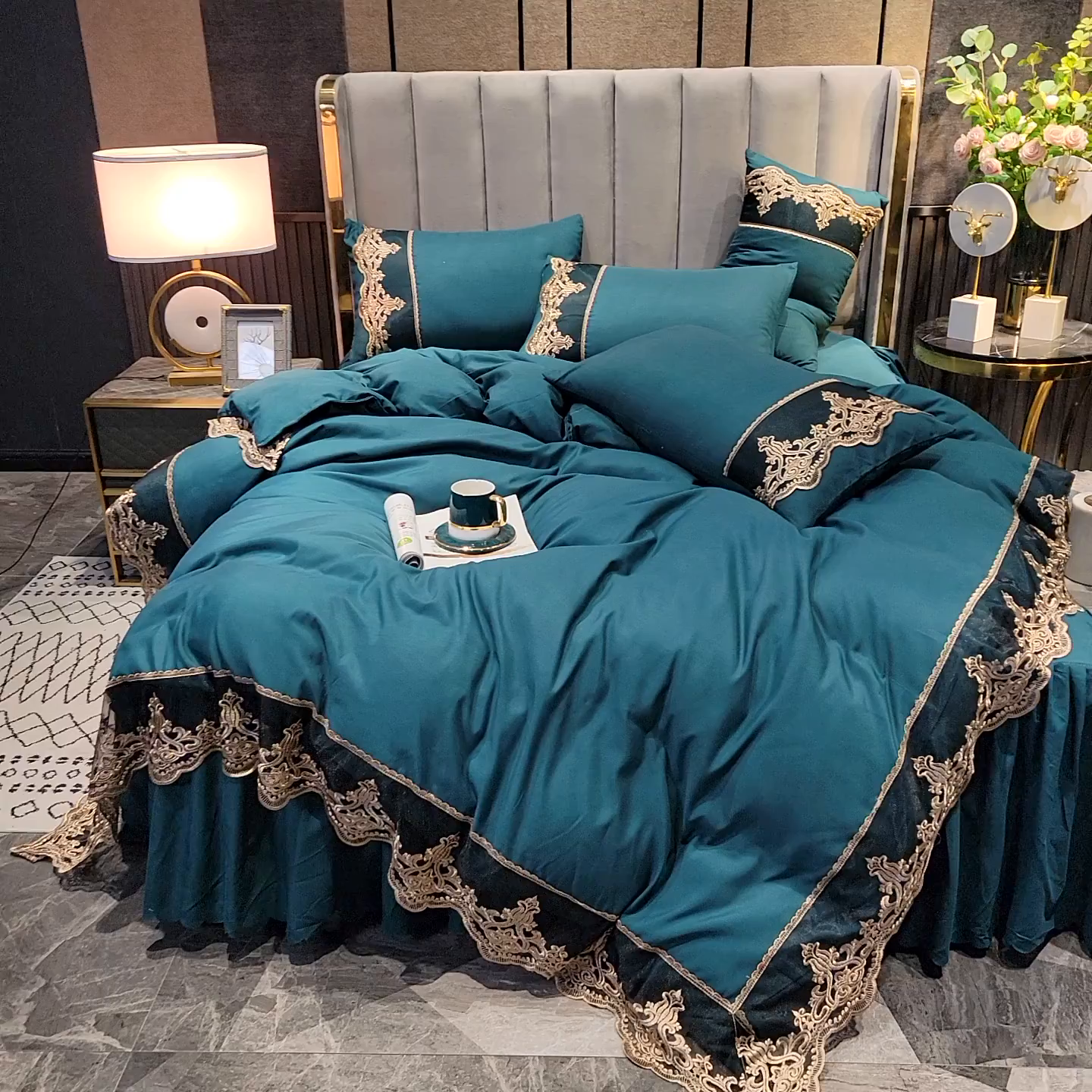 91家纺网 家纺一手货源 找家纺 （总）沐珩家纺 2026新款轻奢典藏艺术亲肤磨毛欧式花边床裙款四件套-莫娜