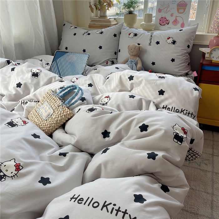 91家纺网 家纺一手货源 找家纺 桃子家居 2026新款A类三丽鸥正版授权卡通数码印花混搭纯棉印花系列四件套 棉三丽鸥-奶油星星kt