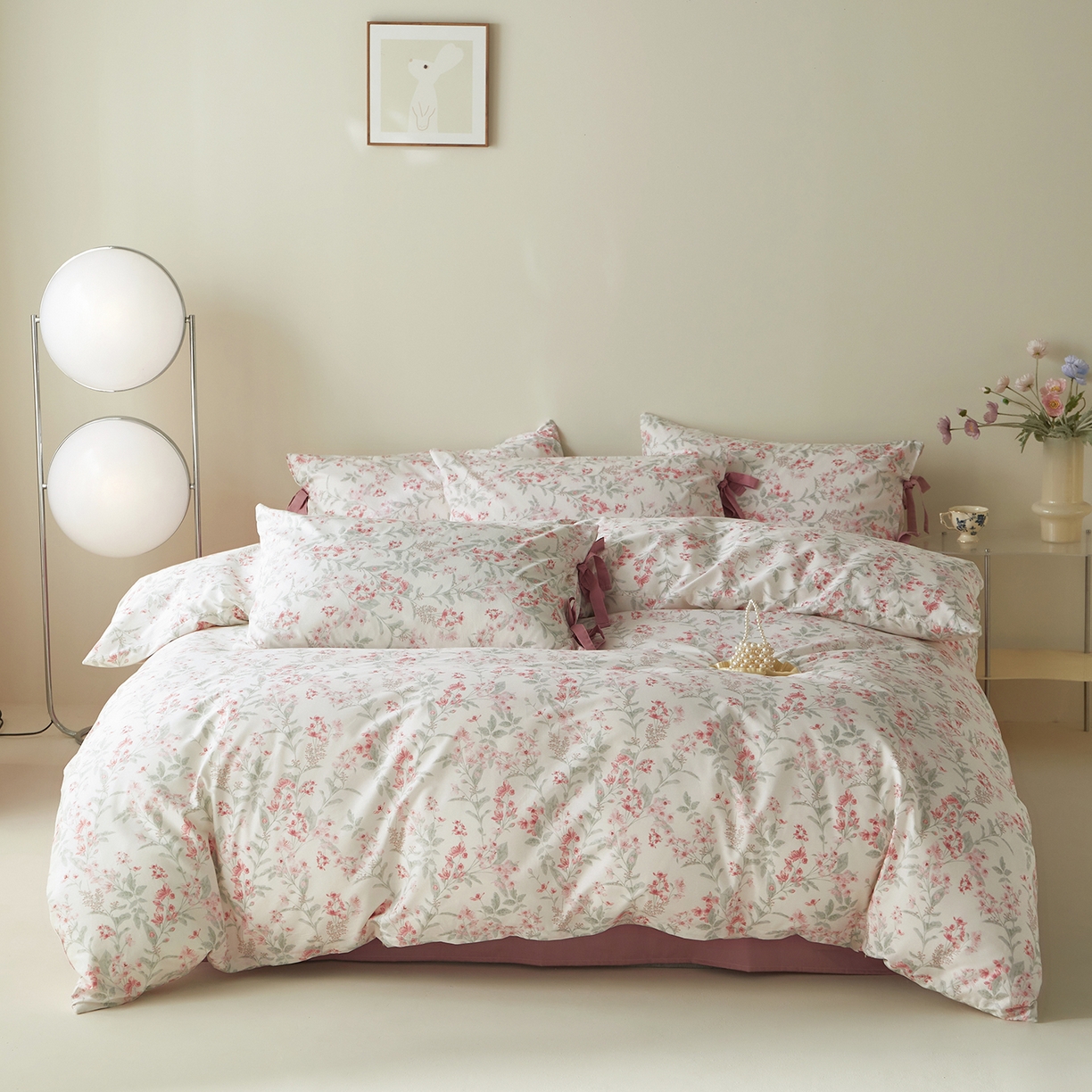 绫韵家纺 2026春夏新款13372全棉ins小碎花纯棉田园风床单床笠四件套系绳蝴蝶结系列 沉香