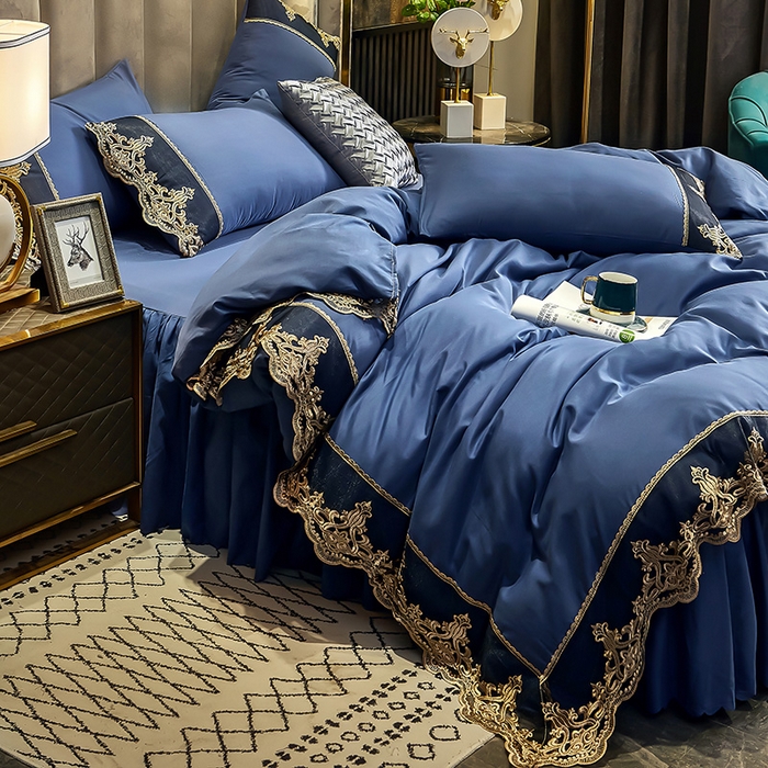 91家纺网 家纺一手货源 找家纺 沐珩家纺 2026新款轻奢典藏艺术亲肤磨毛欧式花边床裙款四件套-莫娜 莫娜-梦之蓝