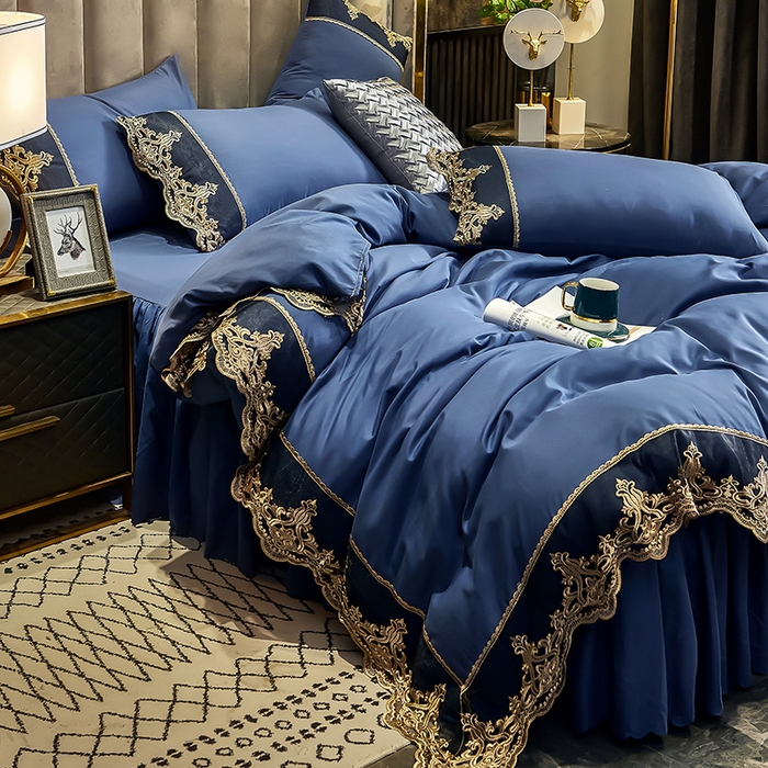 91家纺网 家纺一手货源 找家纺 沐珩家纺 2026新款轻奢典藏艺术亲肤磨毛欧式花边床裙款四件套-莫娜 莫娜-梦之蓝