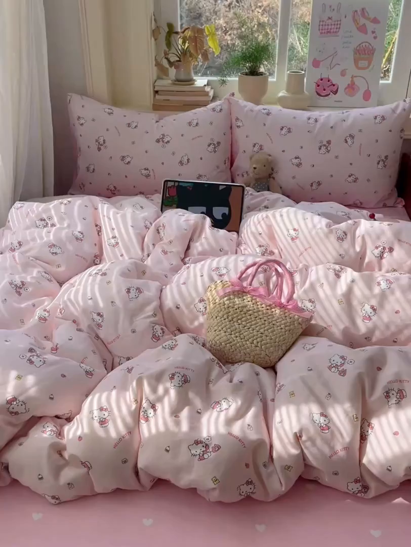 91家纺网 家纺一手货源 找家纺 桃子家居 2026新款A类三丽鸥正版授权卡通数码印花混搭纯棉印花系列四件套 棉三丽鸥-甜梦kt