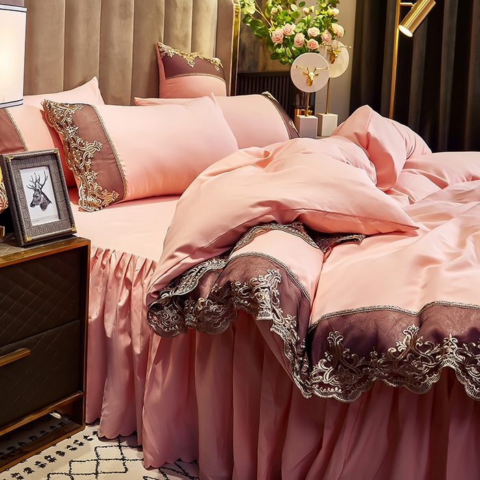 91家纺网 家纺一手货源 找家纺 沐珩家纺 2026新款轻奢典藏艺术亲肤磨毛欧式花边床裙款四件套-莫娜 莫娜-香槟玉