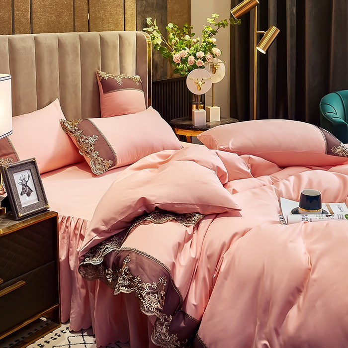 91家纺网 家纺一手货源 找家纺 沐珩家纺 2026新款轻奢典藏艺术亲肤磨毛欧式花边床裙款四件套-莫娜 莫娜-香槟玉