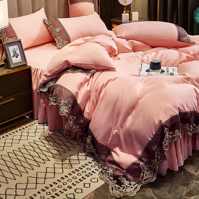 91家纺网 家纺一手货源 找家纺 沐珩家纺 2026新款轻奢典藏艺术亲肤磨毛欧式花边床裙款四件套-莫娜 莫娜-香槟玉