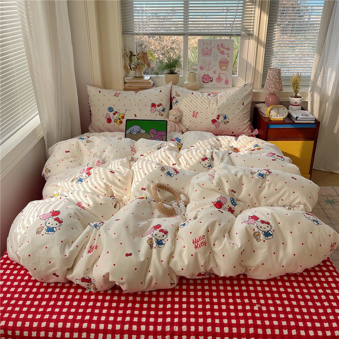 91家纺网 家纺一手货源 找家纺 桃子家居 2026新款A类三丽鸥正版授权卡通数码印花混搭纯棉印花系列四件套 棉三丽鸥-甜心波点kt