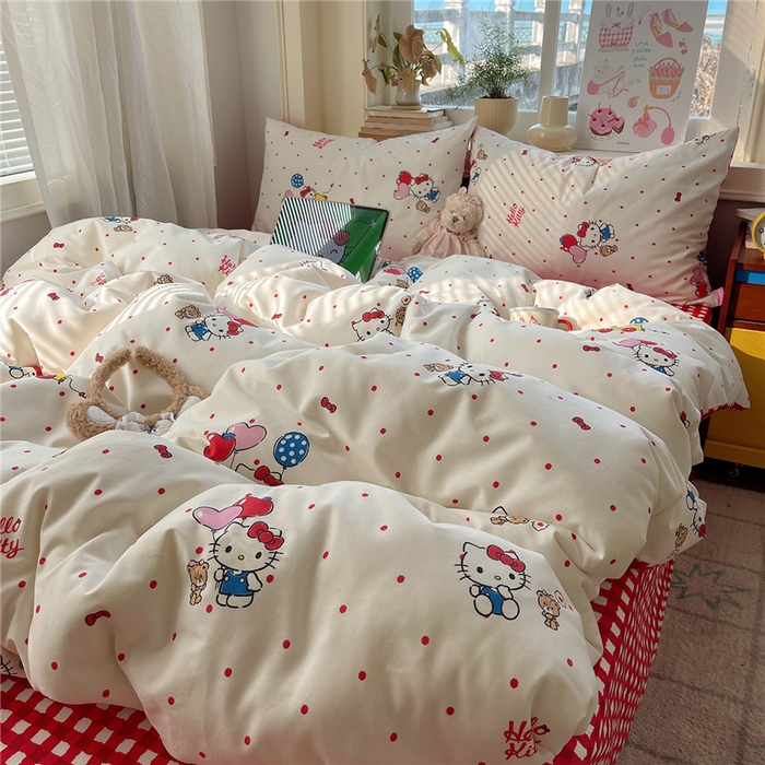 91家纺网 家纺一手货源 找家纺 桃子家居 2026新款A类三丽鸥正版授权卡通数码印花混搭纯棉印花系列四件套 棉三丽鸥-甜心波点kt
