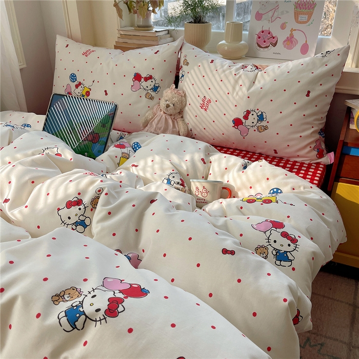 91家纺网 家纺一手货源 找家纺 桃子家居 2026新款A类三丽鸥正版授权卡通数码印花混搭纯棉印花系列四件套 棉三丽鸥-甜心波点kt