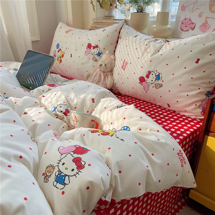 91家纺网 家纺一手货源 找家纺 桃子家居 2026新款A类三丽鸥正版授权卡通数码印花混搭纯棉印花系列四件套 棉三丽鸥-甜心波点kt