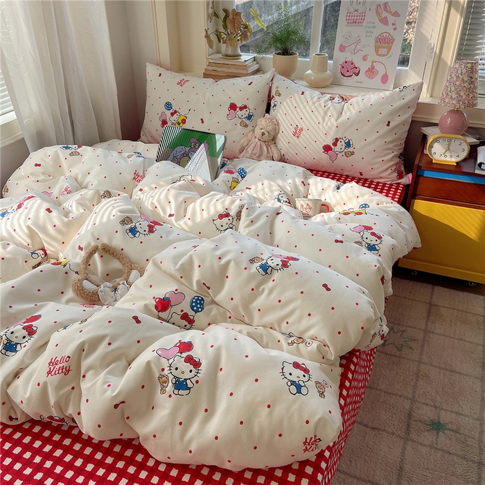 91家纺网 家纺一手货源 找家纺 桃子家居 2026新款A类三丽鸥正版授权卡通数码印花混搭纯棉印花系列四件套 棉三丽鸥-甜心波点kt