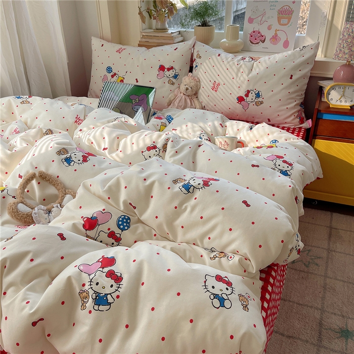 91家纺网 家纺一手货源 找家纺 桃子家居 2026新款A类三丽鸥正版授权卡通数码印花混搭纯棉印花系列四件套 棉三丽鸥-甜心波点kt