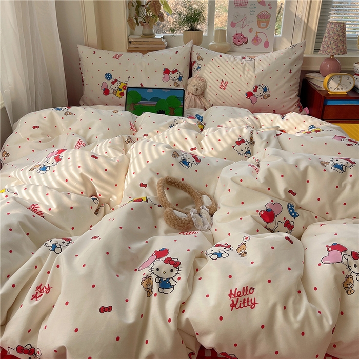 91家纺网 家纺一手货源 找家纺 桃子家居 2026新款A类三丽鸥正版授权卡通数码印花混搭纯棉印花系列四件套 棉三丽鸥-甜心波点kt
