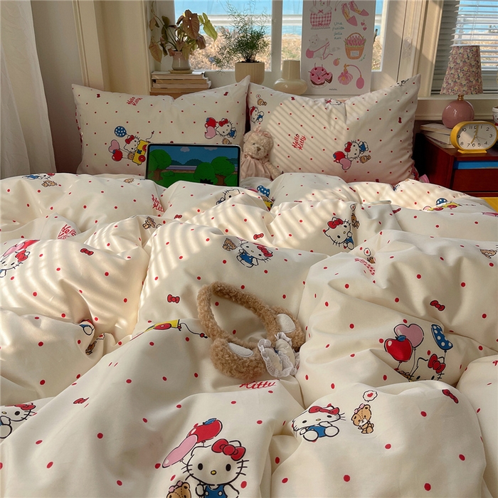 91家纺网 家纺一手货源 找家纺 桃子家居 2026新款A类三丽鸥正版授权卡通数码印花混搭纯棉印花系列四件套 棉三丽鸥-甜心波点kt
