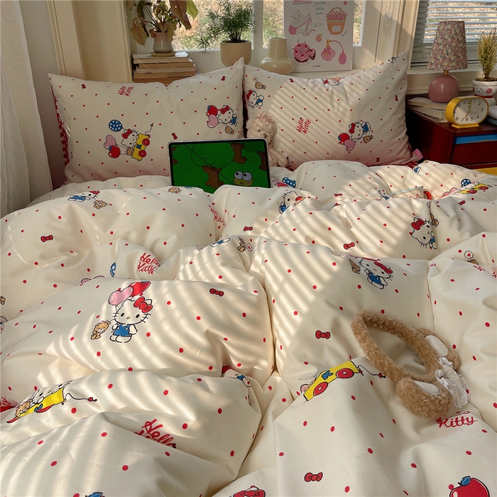 91家纺网 家纺一手货源 找家纺 桃子家居 2026新款A类三丽鸥正版授权卡通数码印花混搭纯棉印花系列四件套 棉三丽鸥-甜心波点kt