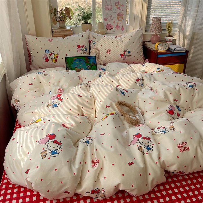 91家纺网 家纺一手货源 找家纺 桃子家居 2026新款A类三丽鸥正版授权卡通数码印花混搭纯棉印花系列四件套 棉三丽鸥-甜心波点kt