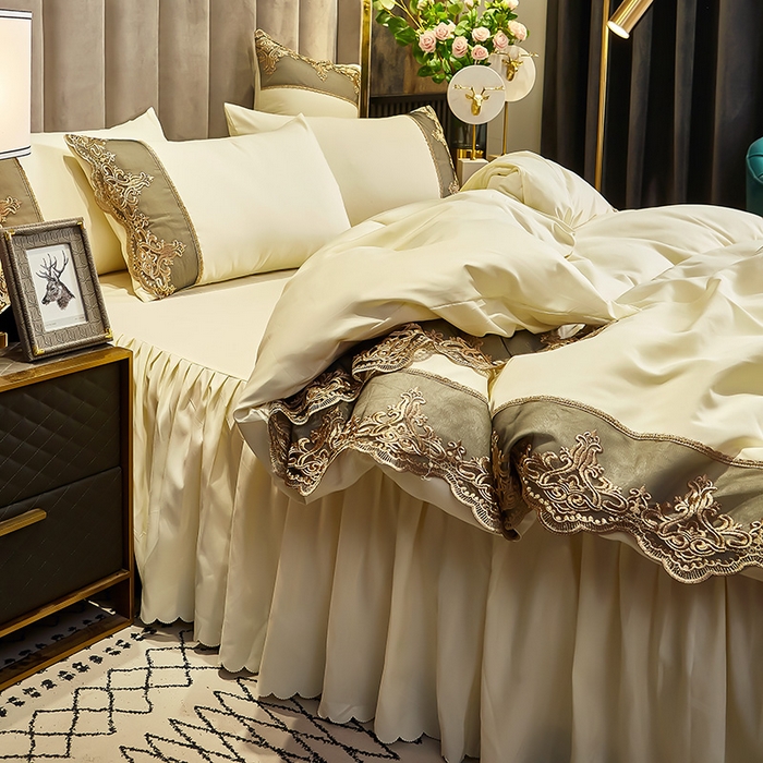 91家纺网 家纺一手货源 找家纺 沐珩家纺 2026新款轻奢典藏艺术亲肤磨毛欧式花边床裙款四件套-莫娜 莫娜-象牙白