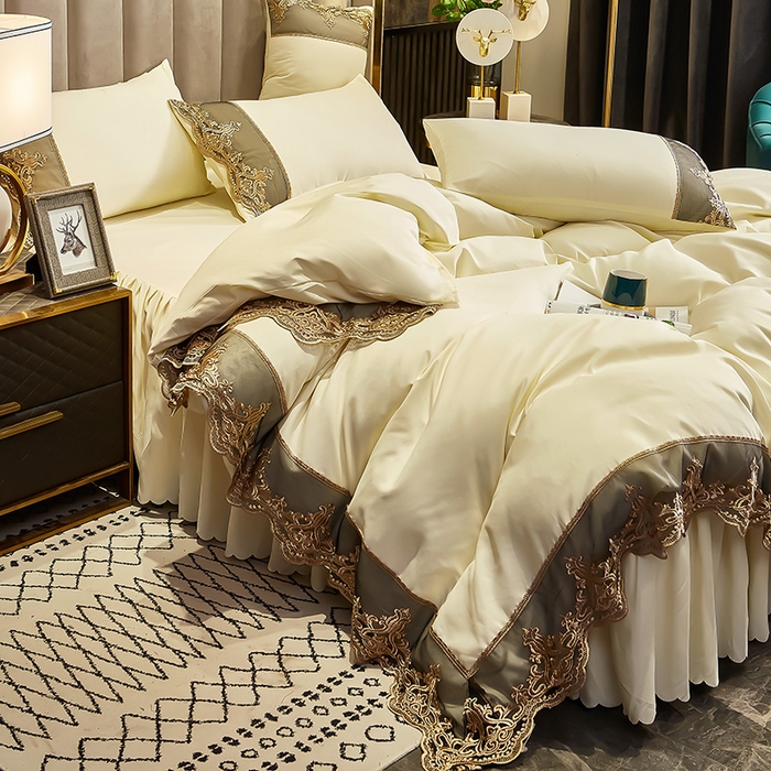 91家纺网 家纺一手货源 找家纺 沐珩家纺 2026新款轻奢典藏艺术亲肤磨毛欧式花边床裙款四件套-莫娜 莫娜-象牙白