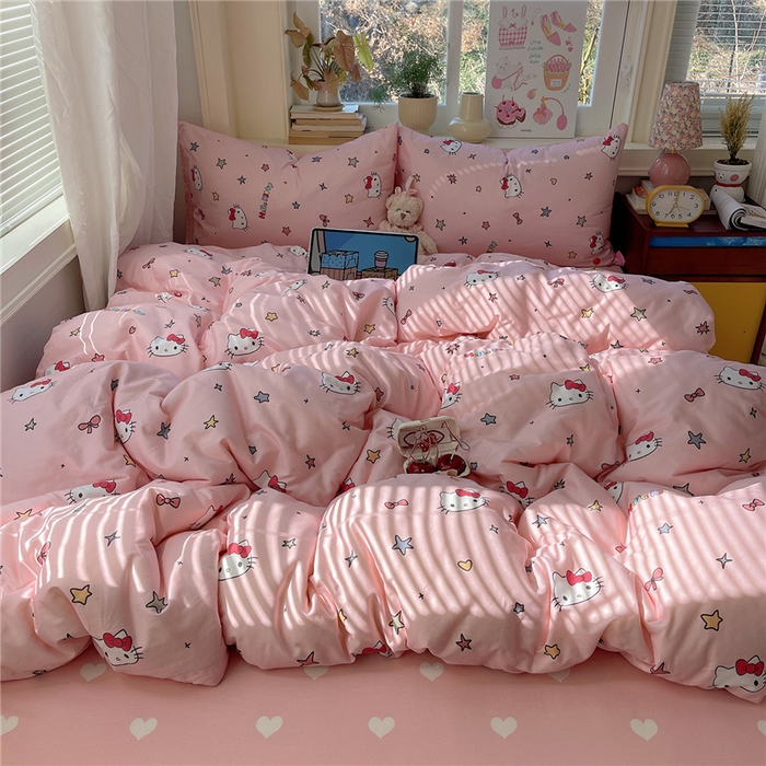 91家纺网 家纺一手货源 找家纺 桃子家居 2026新款A类三丽鸥正版授权卡通数码印花混搭纯棉印花系列四件套 棉三丽鸥-心星kt