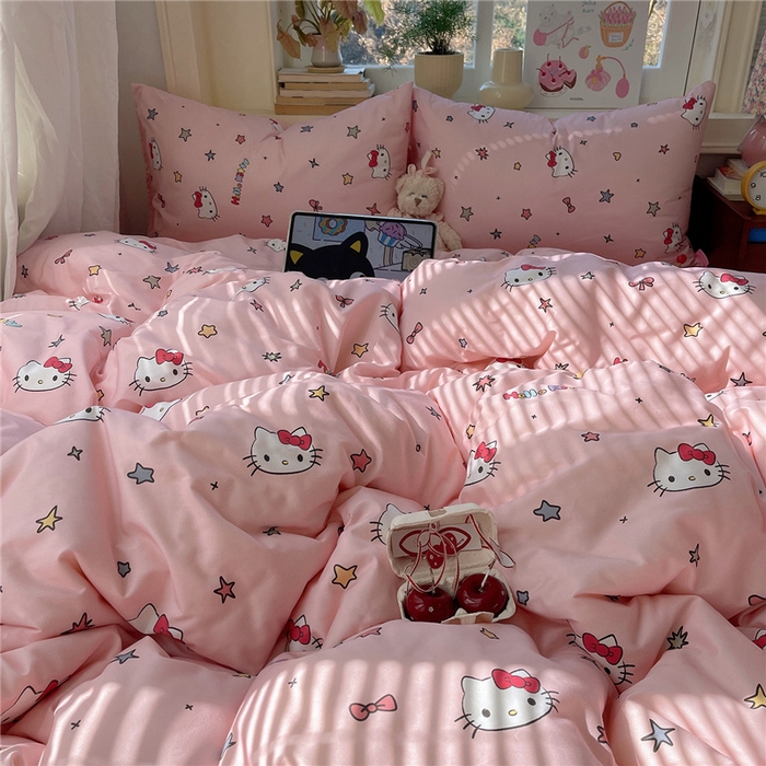 91家纺网 家纺一手货源 找家纺 桃子家居 2026新款A类三丽鸥正版授权卡通数码印花混搭纯棉印花系列四件套 棉三丽鸥-心星kt