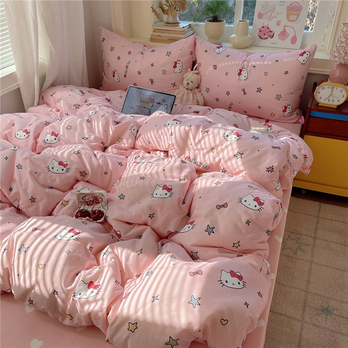 91家纺网 家纺一手货源 找家纺 桃子家居 2026新款A类三丽鸥正版授权卡通数码印花混搭纯棉印花系列四件套 棉三丽鸥-心星kt