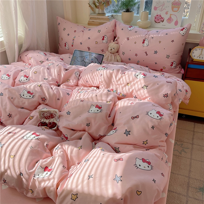 91家纺网 家纺一手货源 找家纺 桃子家居 2026新款A类三丽鸥正版授权卡通数码印花混搭纯棉印花系列四件套 棉三丽鸥-心星kt