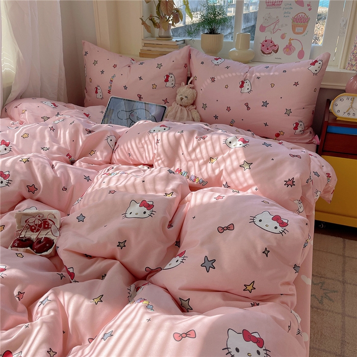 91家纺网 家纺一手货源 找家纺 桃子家居 2026新款A类三丽鸥正版授权卡通数码印花混搭纯棉印花系列四件套 棉三丽鸥-心星kt