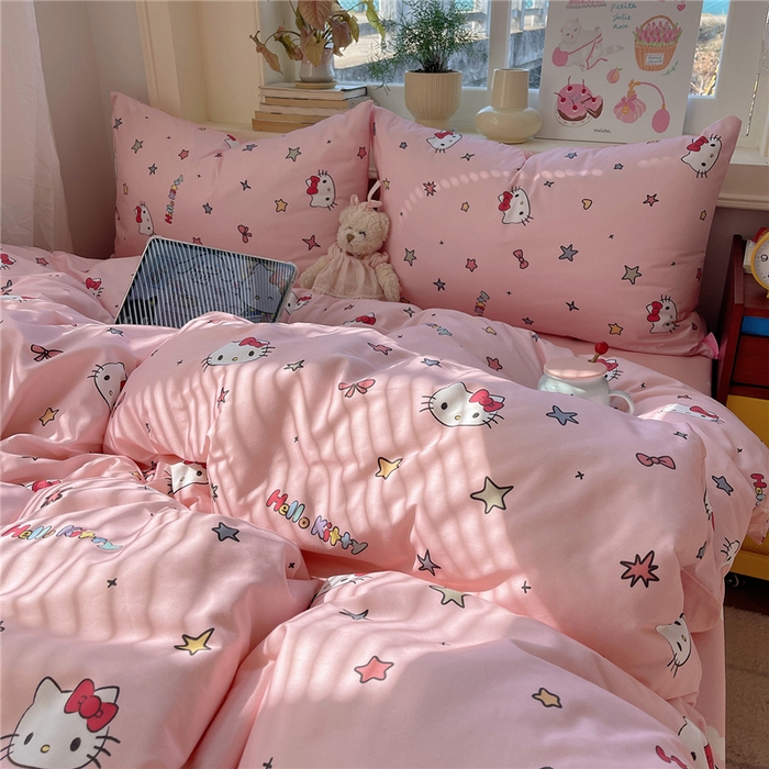 91家纺网 家纺一手货源 找家纺 桃子家居 2026新款A类三丽鸥正版授权卡通数码印花混搭纯棉印花系列四件套 棉三丽鸥-心星kt