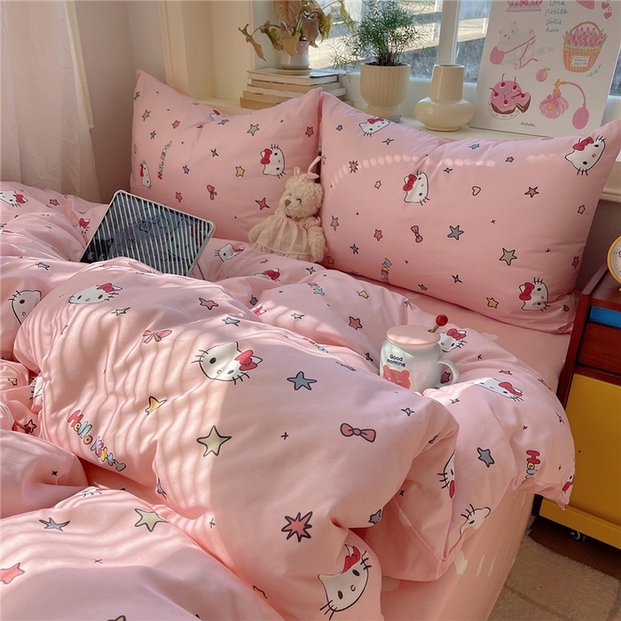 91家纺网 家纺一手货源 找家纺 桃子家居 2026新款A类三丽鸥正版授权卡通数码印花混搭纯棉印花系列四件套 棉三丽鸥-心星kt