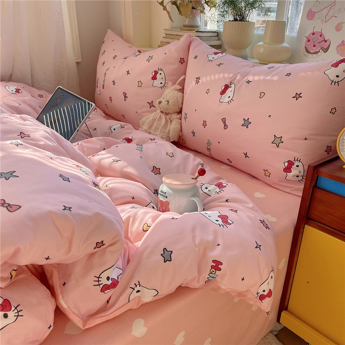 91家纺网 家纺一手货源 找家纺 桃子家居 2026新款A类三丽鸥正版授权卡通数码印花混搭纯棉印花系列四件套 棉三丽鸥-心星kt