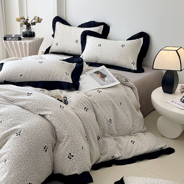 91家纺网 家纺一手货源 找家纺 （总）蜜柚 2026新款全棉双层纱黑色花边复古赫本风四件套