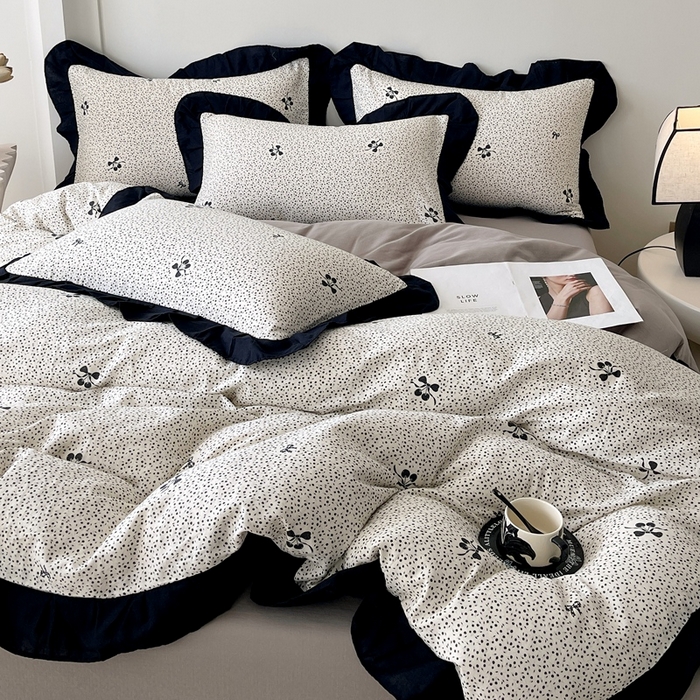 91家纺网 家纺一手货源 找家纺 （总）蜜柚 2026新款全棉双层纱黑色花边复古赫本风四件套