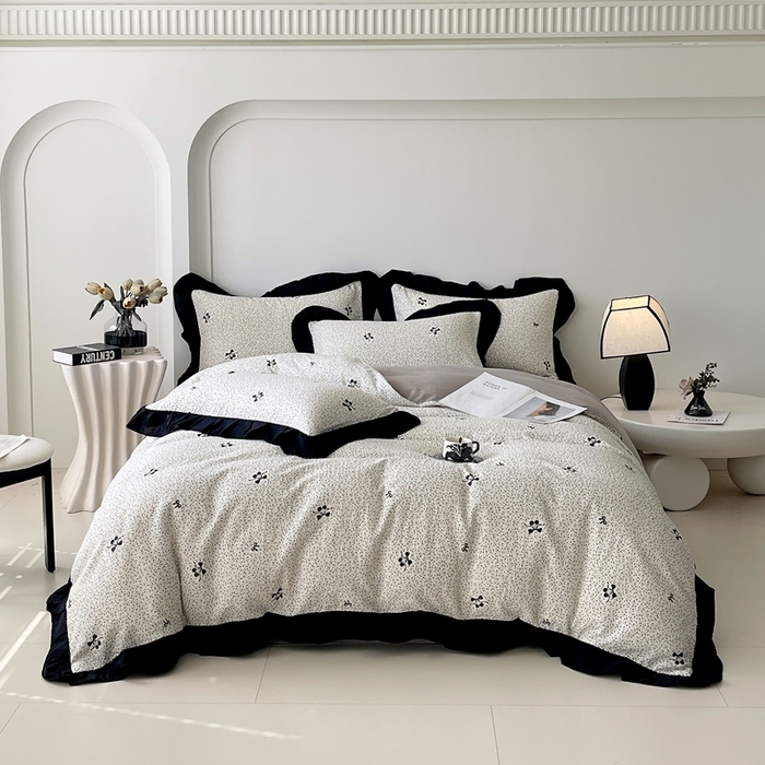 91家纺网 家纺一手货源 找家纺 （总）蜜柚 2026新款全棉双层纱黑色花边复古赫本风四件套