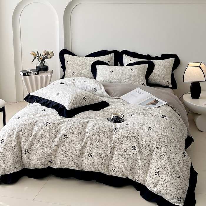 91家纺网 家纺一手货源 找家纺 （总）蜜柚 2026新款全棉双层纱黑色花边复古赫本风四件套