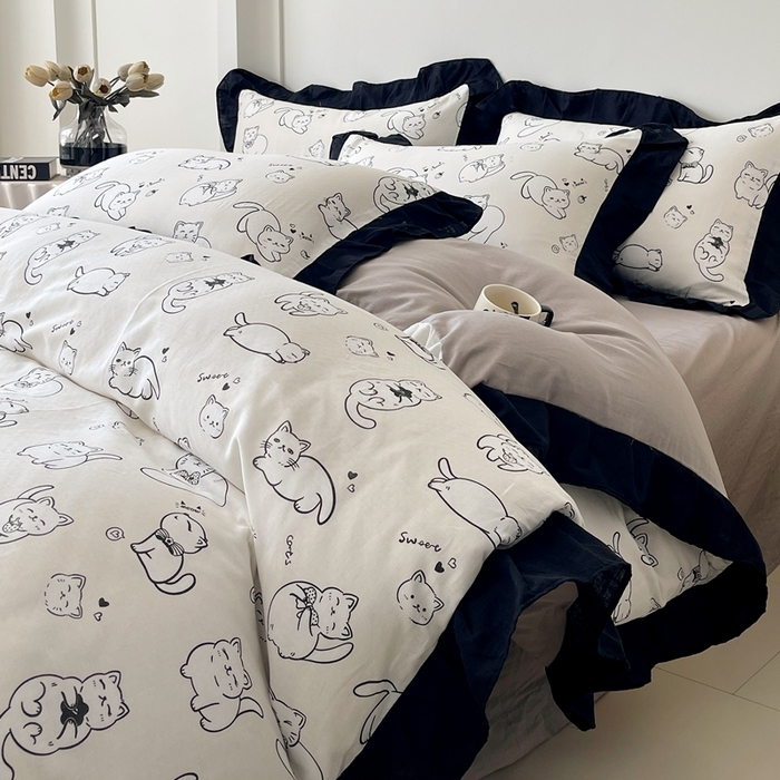 91家纺网 家纺一手货源 找家纺 （总）蜜柚 2026新款全棉双层纱黑色花边复古赫本风四件套