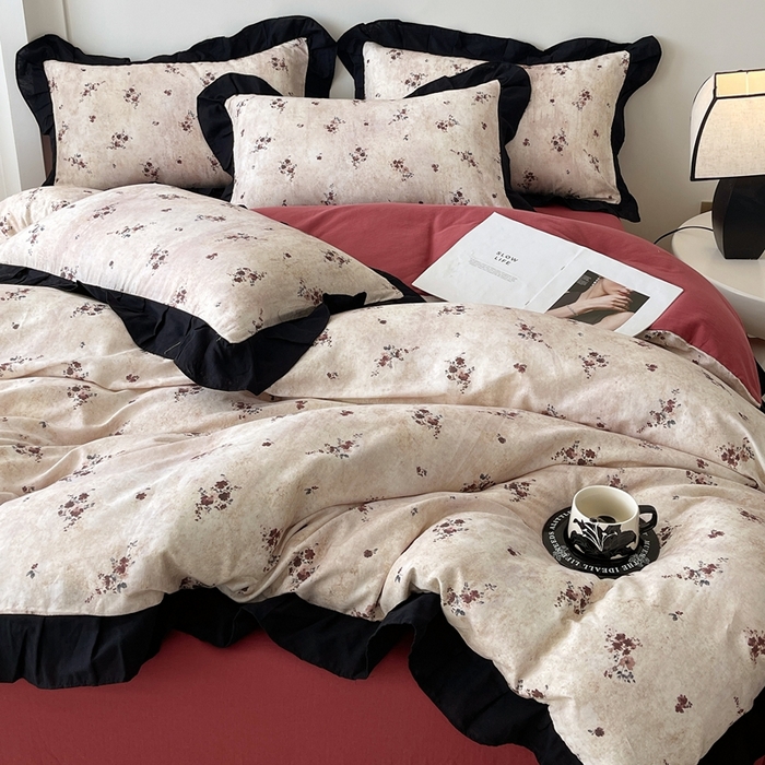 91家纺网 家纺一手货源 找家纺 蜜柚 2026新款全棉双层纱黑色花边复古赫本风四件套 莫顿庄园