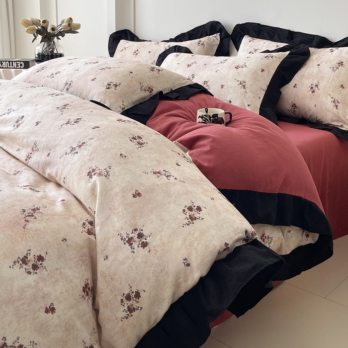 蜜柚 2026新款全棉双层纱黑色花边复古赫本风四件套 莫顿庄园