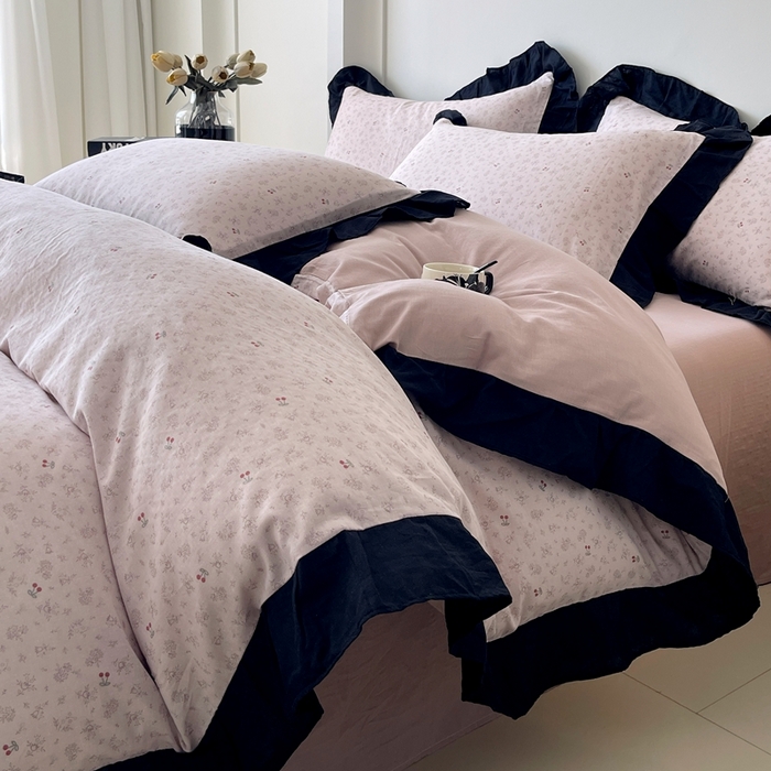 蜜柚 2026新款全棉双层纱黑色花边复古赫本风四件套 樱桃小曲