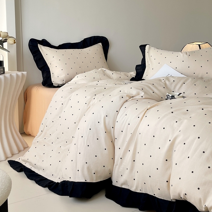 91家纺网 家纺一手货源 找家纺 蜜柚 2026新款全棉双层纱黑色花边复古赫本风四件套 圆舞曲