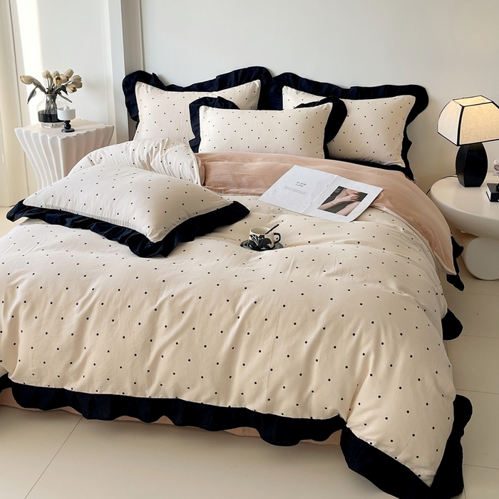 91家纺网 家纺一手货源 找家纺 蜜柚 2026新款全棉双层纱黑色花边复古赫本风四件套 圆舞曲