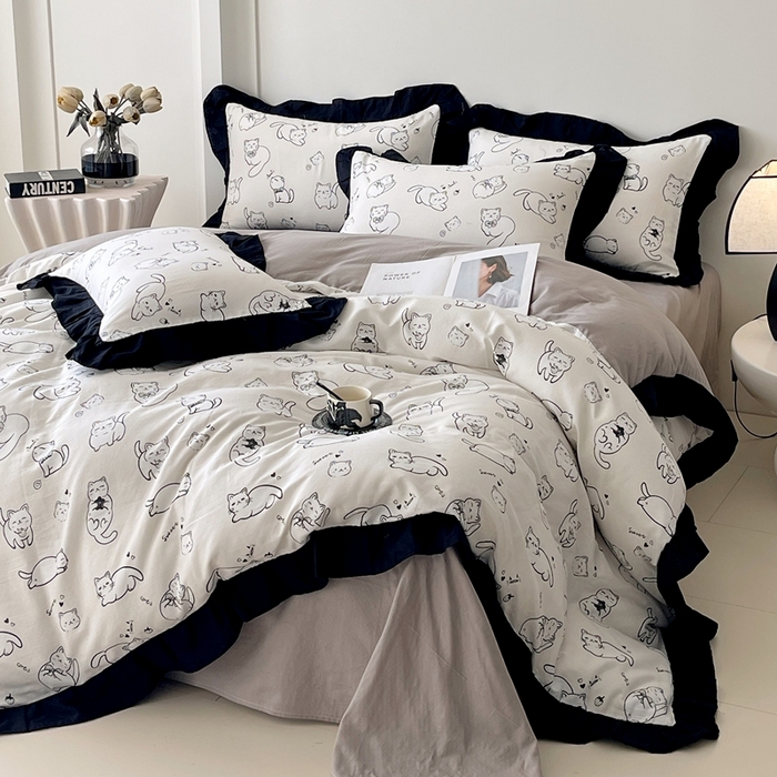 91家纺网 家纺一手货源 找家纺 蜜柚 2026新款全棉双层纱黑色花边复古赫本风四件套 线条猫咪