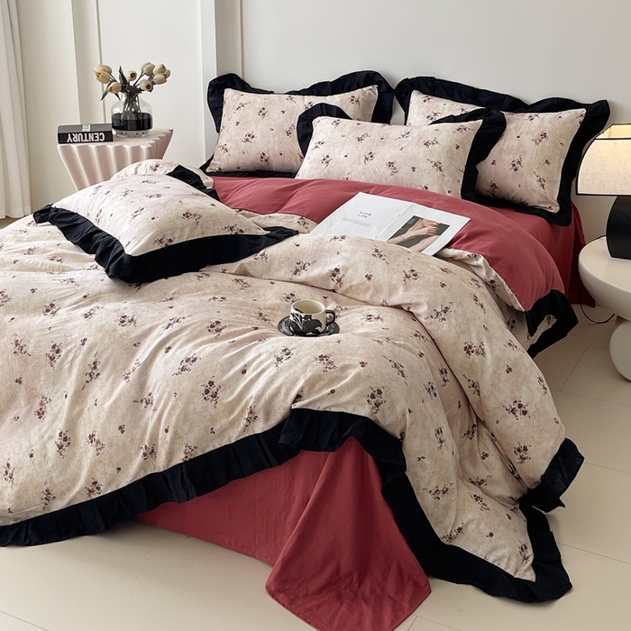 91家纺网 家纺一手货源 找家纺 蜜柚 2026新款全棉双层纱黑色花边复古赫本风四件套 莫顿庄园