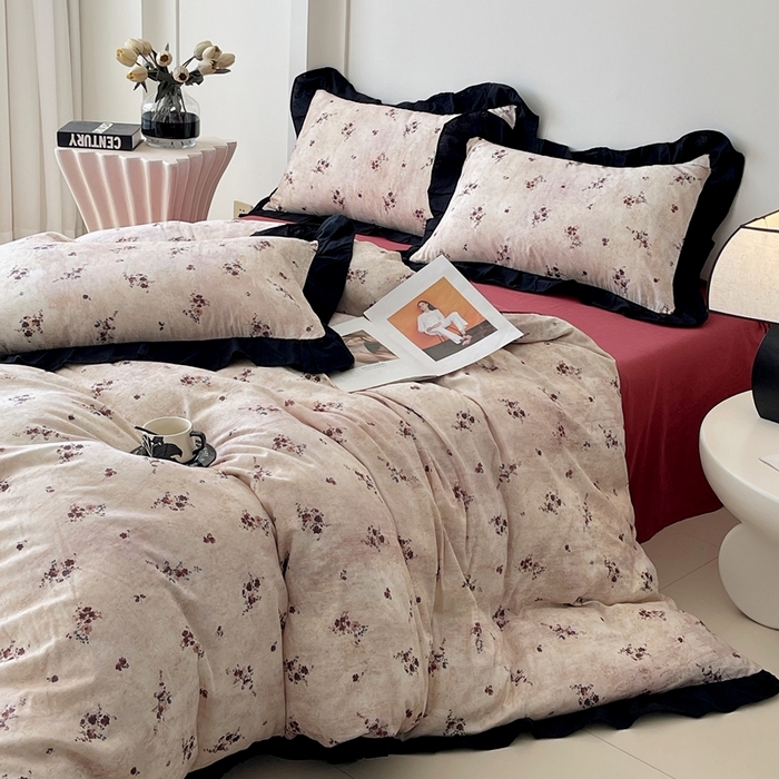 91家纺网 家纺一手货源 找家纺 蜜柚 2026新款全棉双层纱黑色花边复古赫本风四件套 莫顿庄园