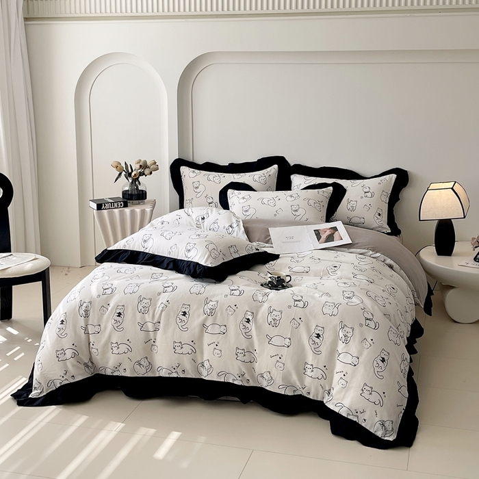 91家纺网 家纺一手货源 找家纺 蜜柚 2026新款全棉双层纱黑色花边复古赫本风四件套 线条猫咪