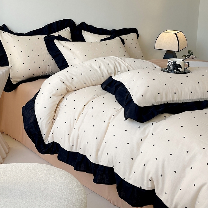 91家纺网 家纺一手货源 找家纺 蜜柚 2026新款全棉双层纱黑色花边复古赫本风四件套 圆舞曲