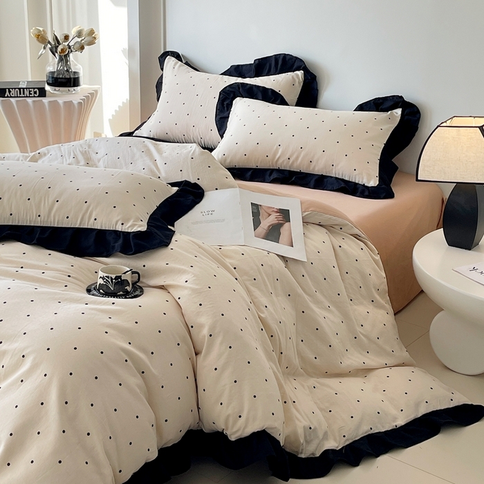 91家纺网 家纺一手货源 找家纺 蜜柚 2026新款全棉双层纱黑色花边复古赫本风四件套 圆舞曲